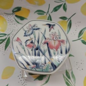 TAKAHASHI Bird Iris Spring Pink Blue Pattern Porcelain Trinket Jewelry Box